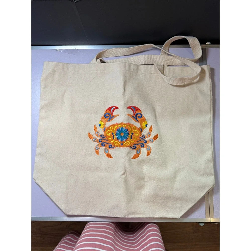Embroidered Crab Canvas Tote Bag Coastal Beach Reusable Shopper‎